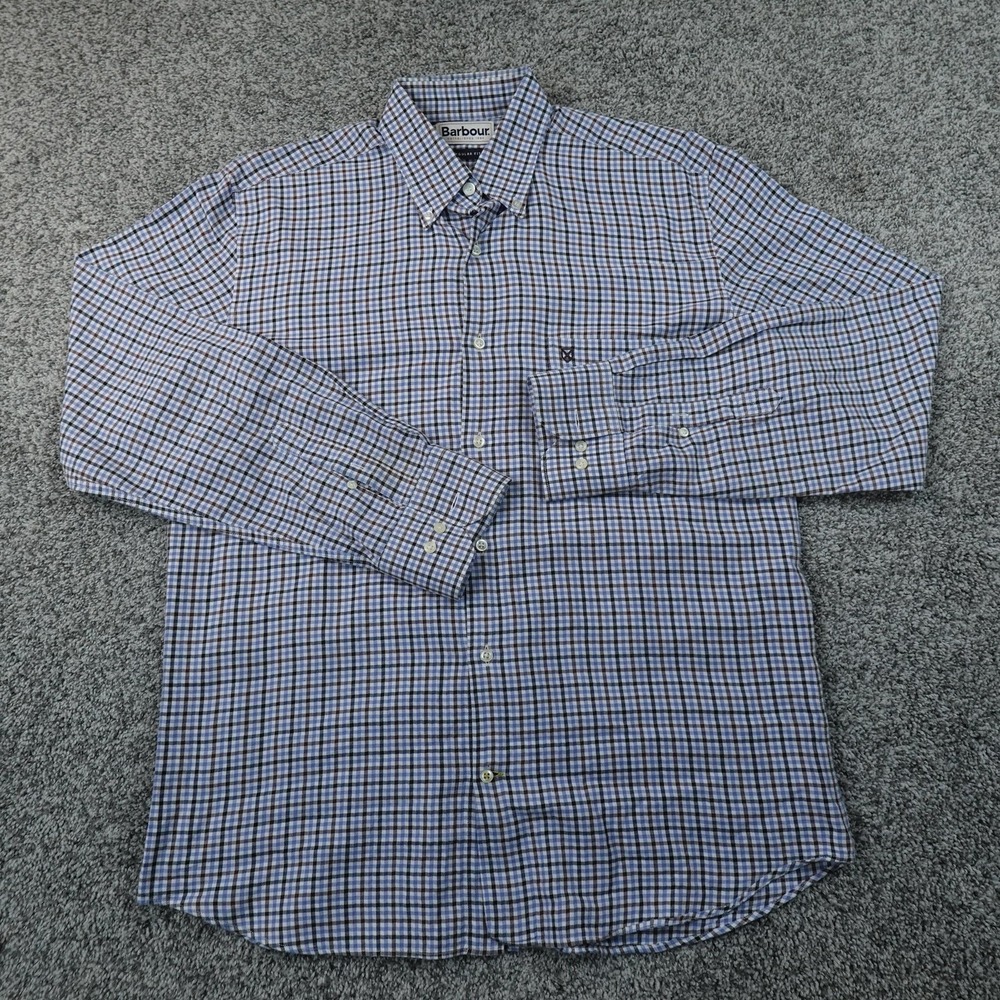 Barbour Shirt Mens M Blue Brown Check Button Up Long Sleeve Cotton Casual Dress